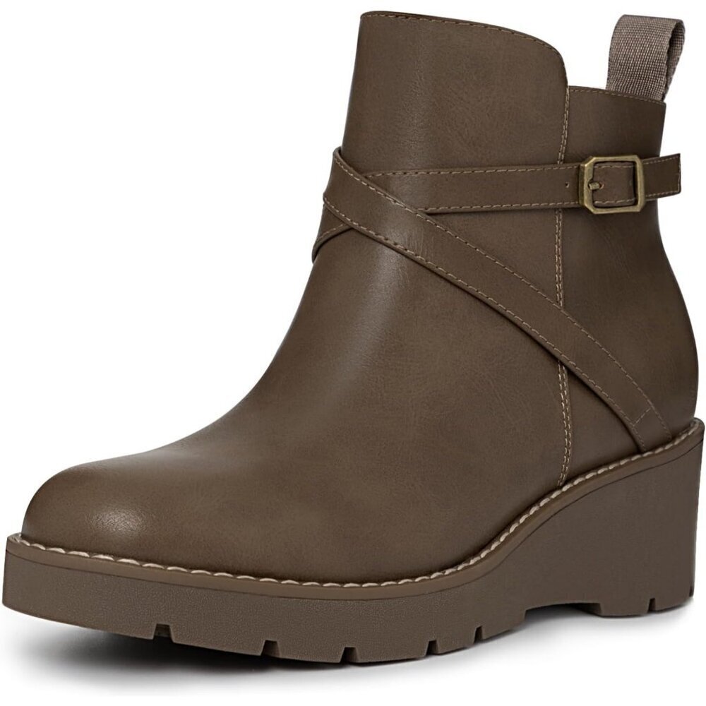 Women's Taupe Wedge Ankle Boots Platform Lug Sole Buckle Zip Short Booties